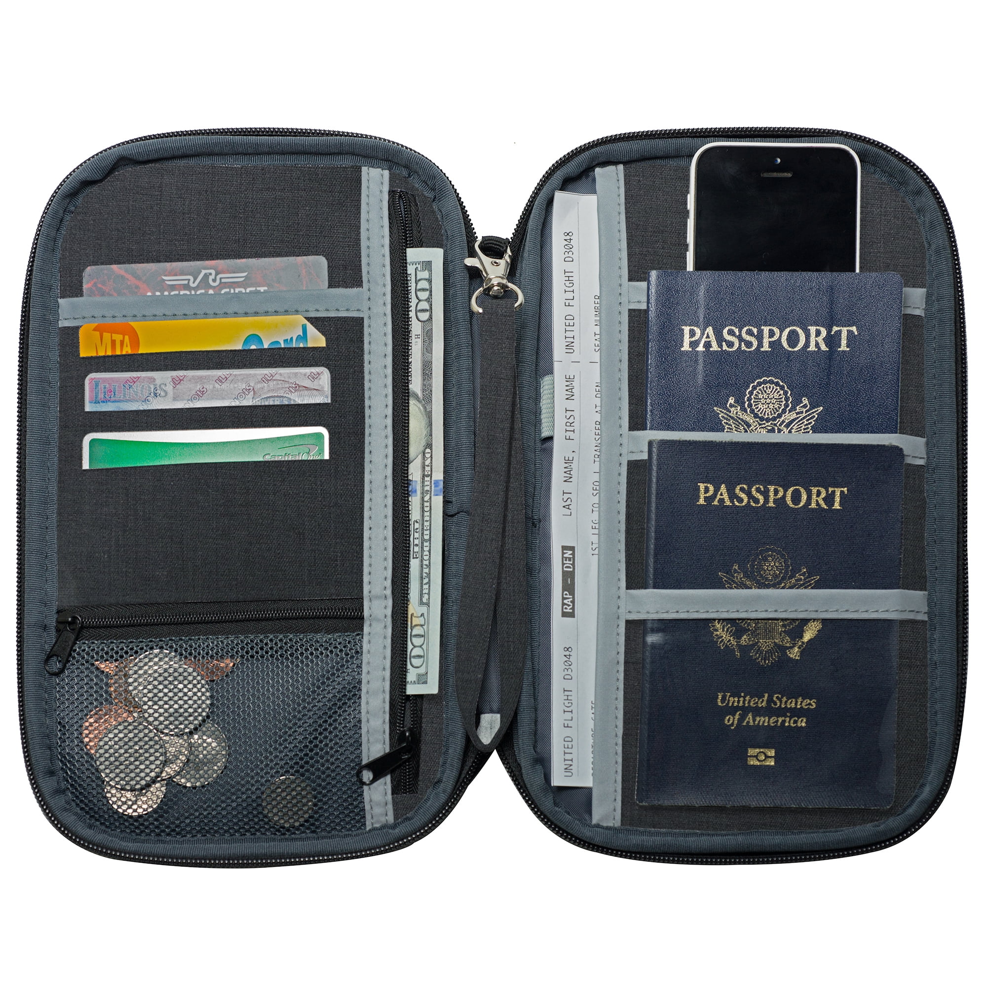 RFID Blocking Travel Wallet Leather Passport Holder Family Travel Document Organizer Black