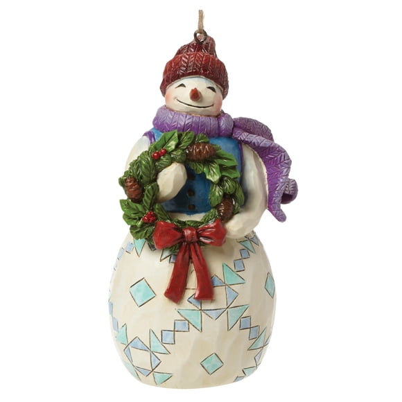 Jim Shore Heartwood Creek Snowman with Wreath Stone Resin Hanging Ornament, 4.75â€