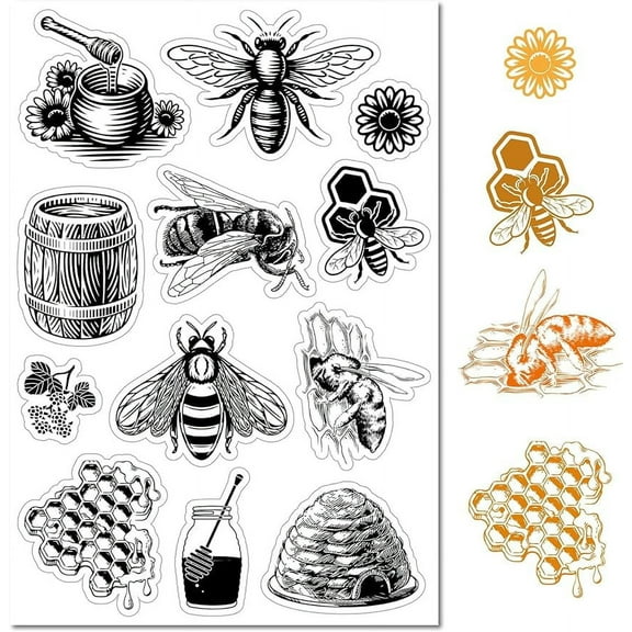 Honey Bee Sunflowers Clear Rubber Stamp Vintage Honeycomb Transparent Silicone Seals Stamp for Journaling Card Making DIY Scrapbooking Handmade Photo Notebook 6.3 x 4.3inch