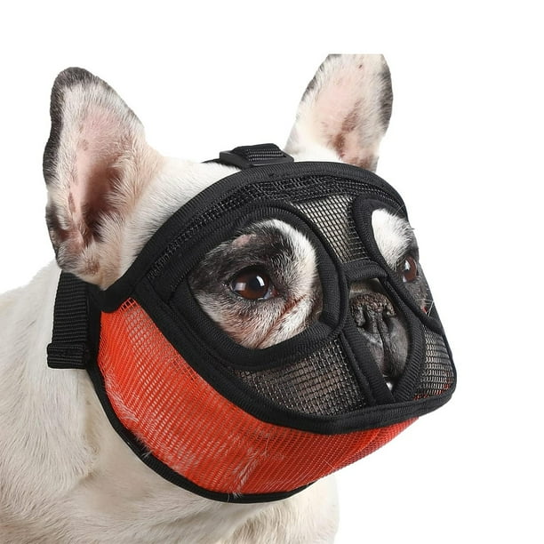 Bozal de hocico corto para perro, de malla transpirable y cara plana para bulldog, con máscara (negro-naranja)