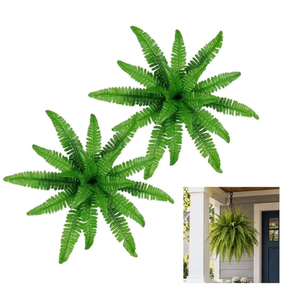 JWGIETK 2-Pack Faux Boston Fern Stems, Artificial Greenery for Hanging Baskets, Porch, Garden and Home Decor