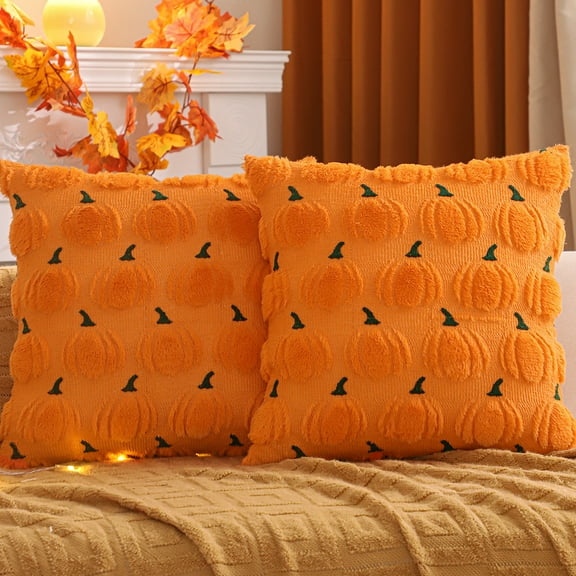 Tosleo Fall Throw Pillow Covers 18x18 Set of 2 Orange Pumpkin Decorative Pillow Cases Farmhouse Plush Faux FurWool Cushion Covers for Couch Sofa Bed