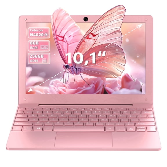 10.1-inch Portable Mini Pink Laptop Computer, DDR4 8GB RAM, 256GB SSD, Celeron N4020, Built-in Webcam, Notebook With WiFi, HDMI, Bluetooth, Type-C Charging, Easy to Carry