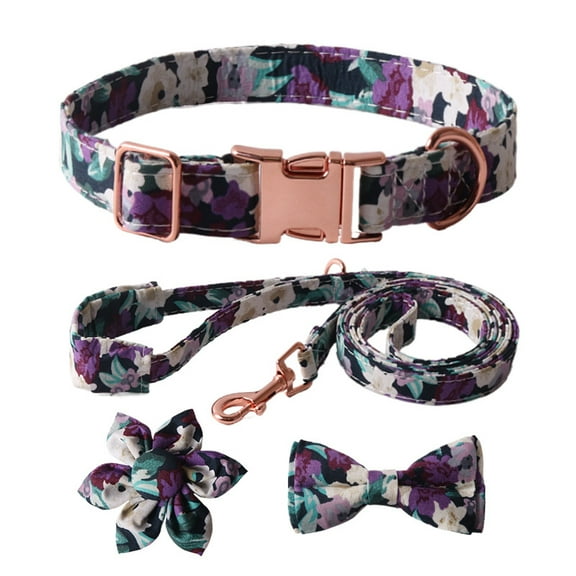 Sunyuer Girl Dog Collar and Leash Set with Flower Bow Tie, Floral Puppy Dog Collars with Adjustable Metal Buckle for Small Medium Large Female Dogs, Purple Flower, L