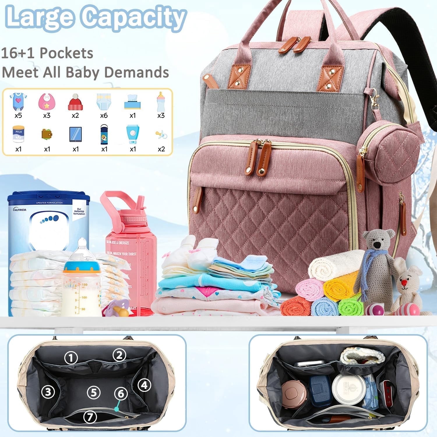 Morfone Baby Diaper Bag Backpack, Multifunction Waterproof Baby Bag with USB Charging Port, Stroller Straps & Pacifier Case Unisex, Pink