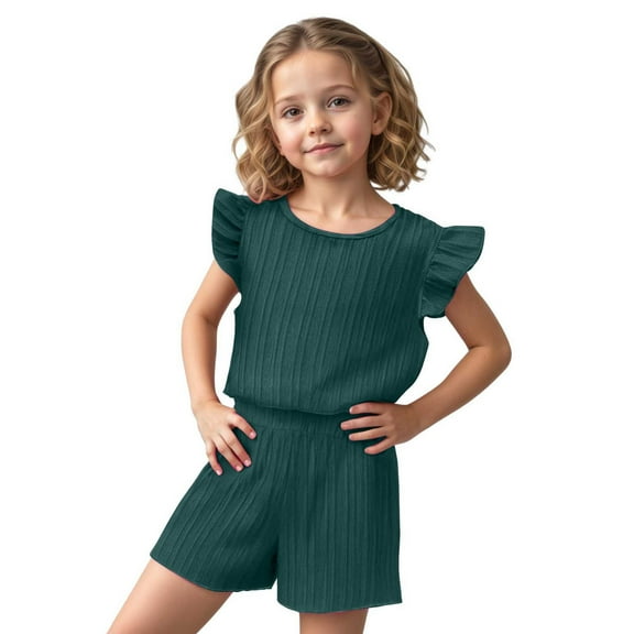 Wdgfv Toddler Girls Summer Outfits Fly Sleeve T-Shirt and Shorts Set Casual Playwear Comfortable 2 Piece Clothing for 1-5 Year Olds Green 12-18 Months