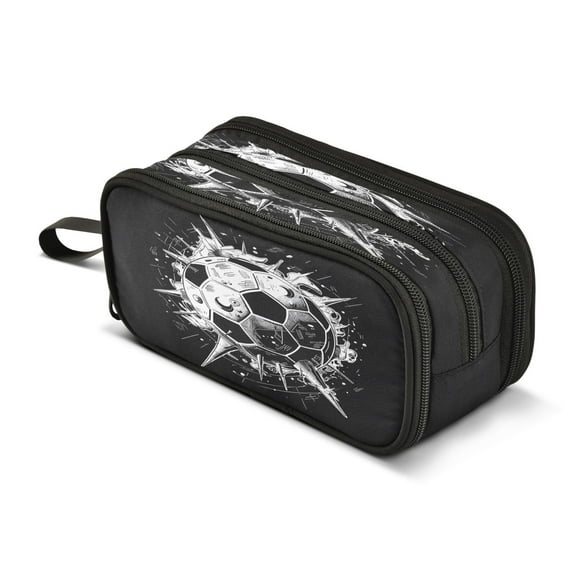 ALAZA Soccer Ball Black Pencil Case Bag 3 Compartment Pen Pouch Large Storage Holder Box Organizer
