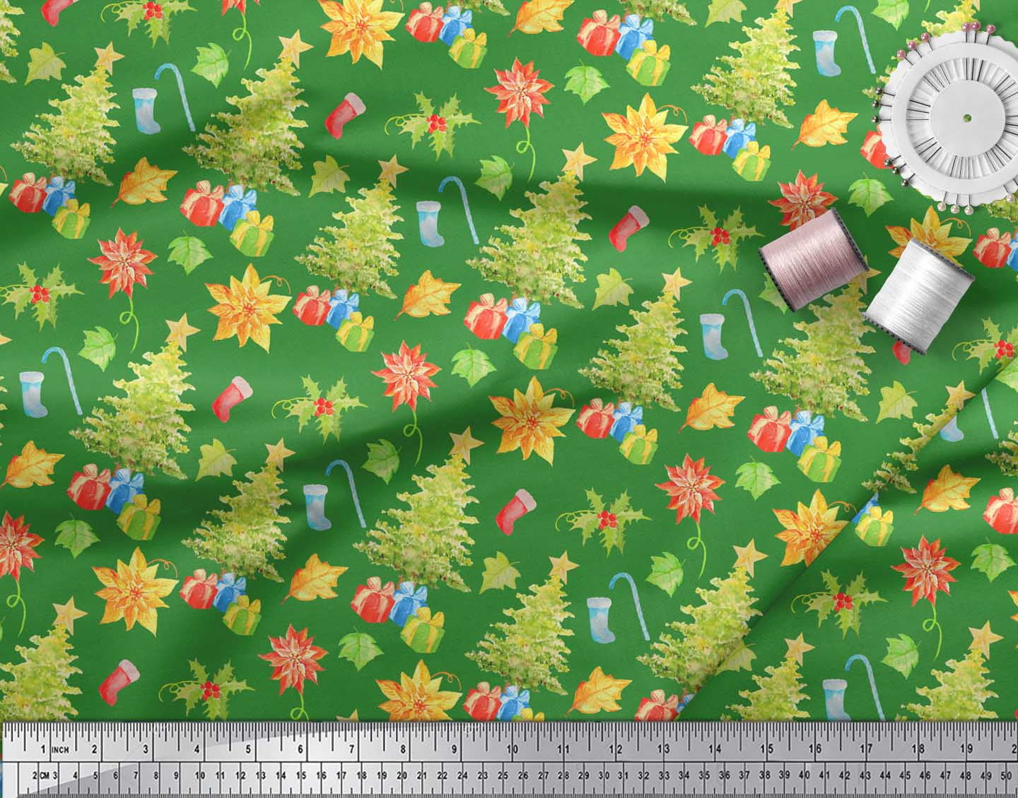 Soimoi Green Viscose Chiffon Fabric Gifts & Christmas Tree Print Sewing Fabric Yard 42 Inch Wide