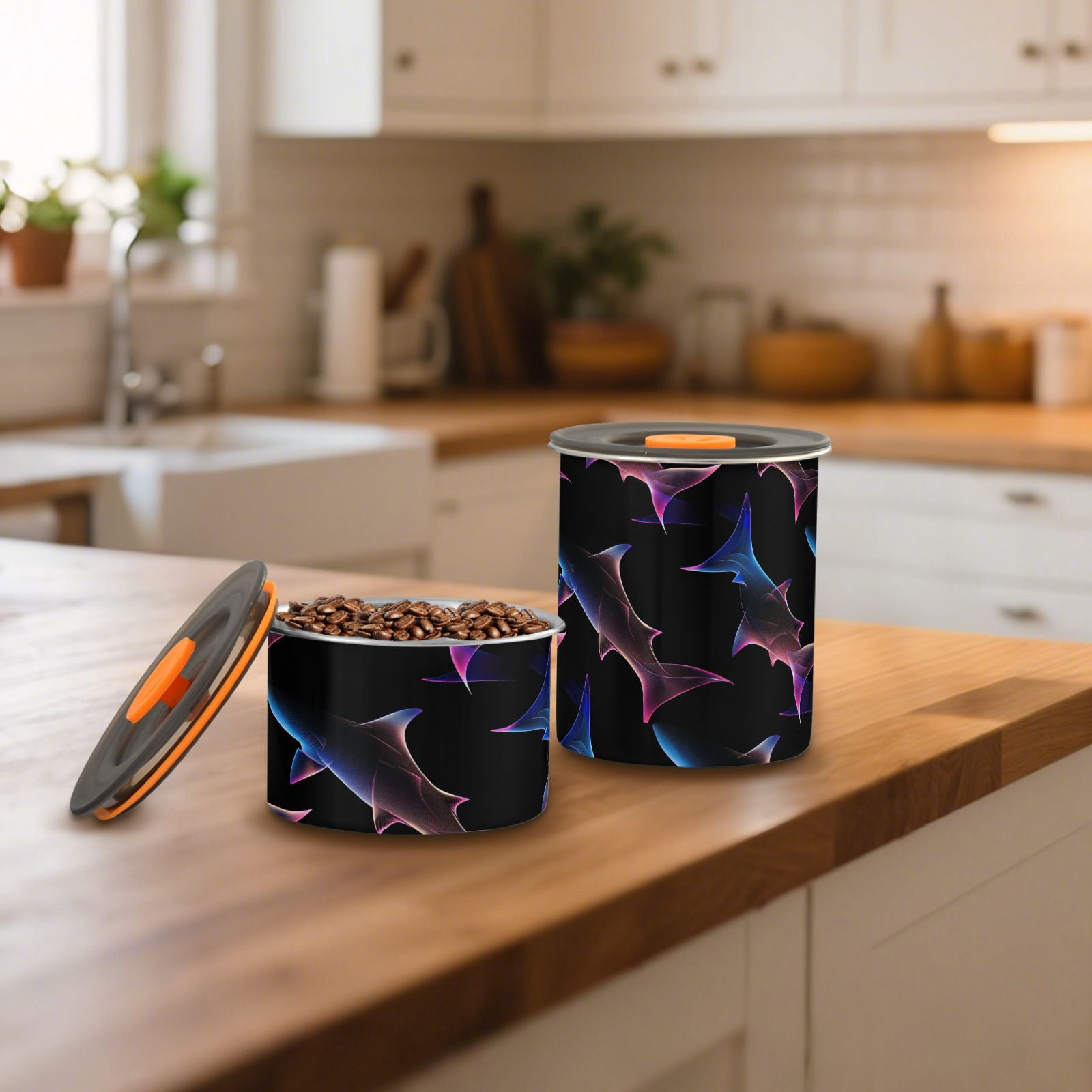 Neon Shark Print Airtight Coffee Bean Canister 30oz Food Storage Containers with Lids For Gournd, Tea, Sugar, Flour, Rice, Cereal, Candy Cookie Jar