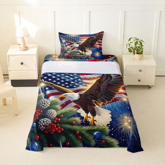 Manfei Bald Eagle Us Flag Twin Sheets,Patriotic Holiday Firework Bedding,Blue Brown Green,3 Pieces,1 Fitted Sheet and 1 Pillowcase