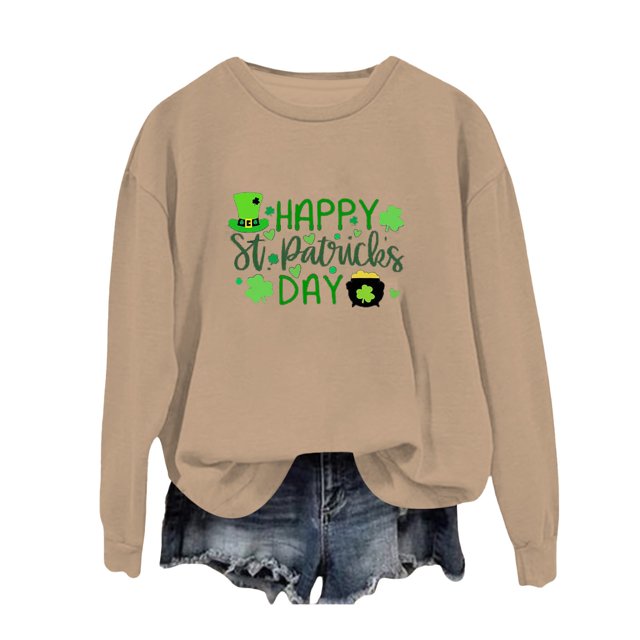 Fadeal Chandail en Molleton pour Femmes St Patricks Printemps Col Rond Imprimé Lettre St. Day Ample Décontracté Chandail à Capuchon St Patricks Day Beige m