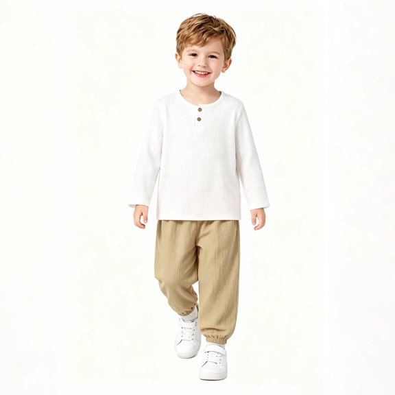 Mifsaly Toddler Boys 2 Piece Summer Outfit Sets Crinkle Cotton Gauze Henley Long Sleeve Shirts and Wide Leg Pants Kids School Casual Loungewear & Playwear