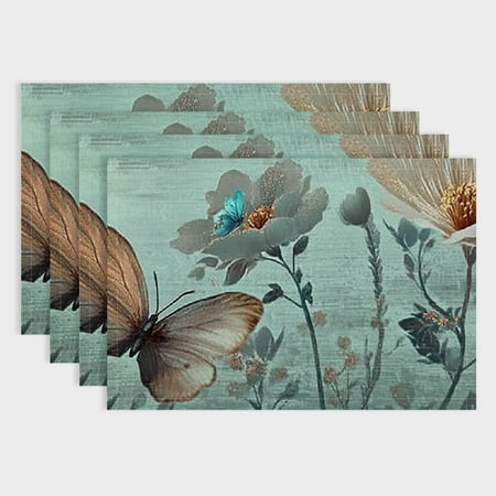 

Pratyus Flowers Butterflies Wallpaper Placemats Set of 4 - Linen Dining Table Mats for Birthday Parties Christmas Restaurants Buffets & Home Decoration 18x12in