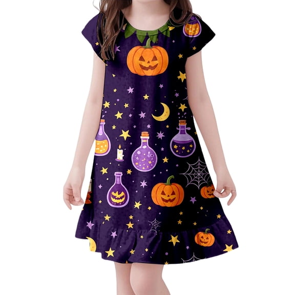 Likimi Kids Toddler Girls Hallowmas Dress Crew Neck Flutter Sleeve Halloween Cartoon Print For Party Fashionable Sleep Dresses Size 3-4 Years