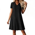 thumbnail image 3 of Laqbezok Women's V-Neck Short Sleeve Dress, Casual Cotton Linen Feel A-Line Sundress, Textured Solid Color Shift Dress with Back Zipper, 3 of 9