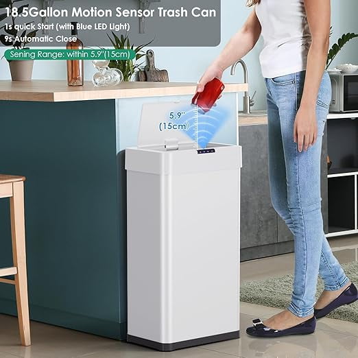 Pirecart Automatic Motion Sensor Trash Can - 21.1 Gallon Narrow Stainless Steel Garbage Bin, With Bag Holder, Soft Close Lid, for Office, White