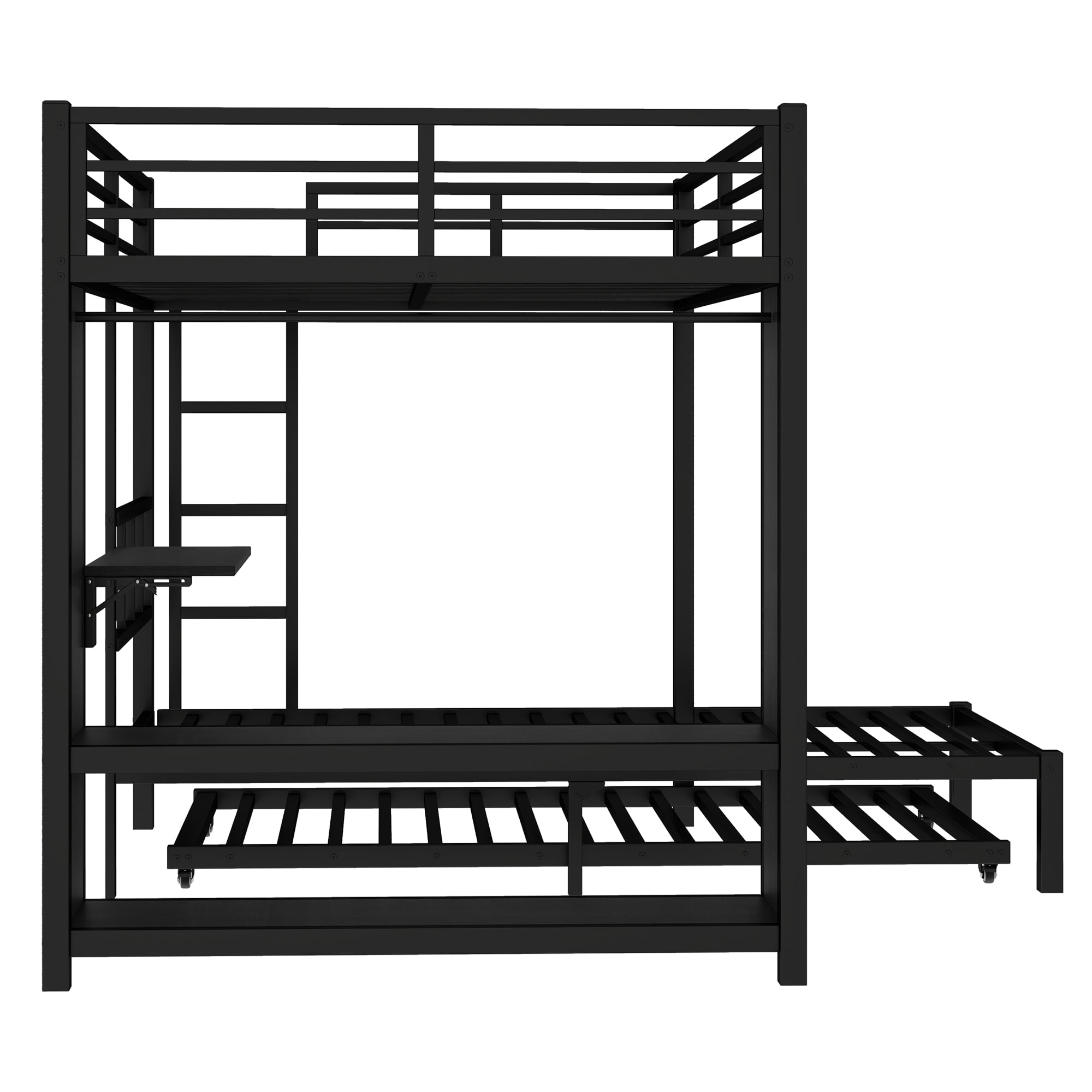 Full over Twin Bunk Bed with Built-in Wardrobe, Metal Bunk Bed with Trundle, Foldable Desk, Ladders, Black