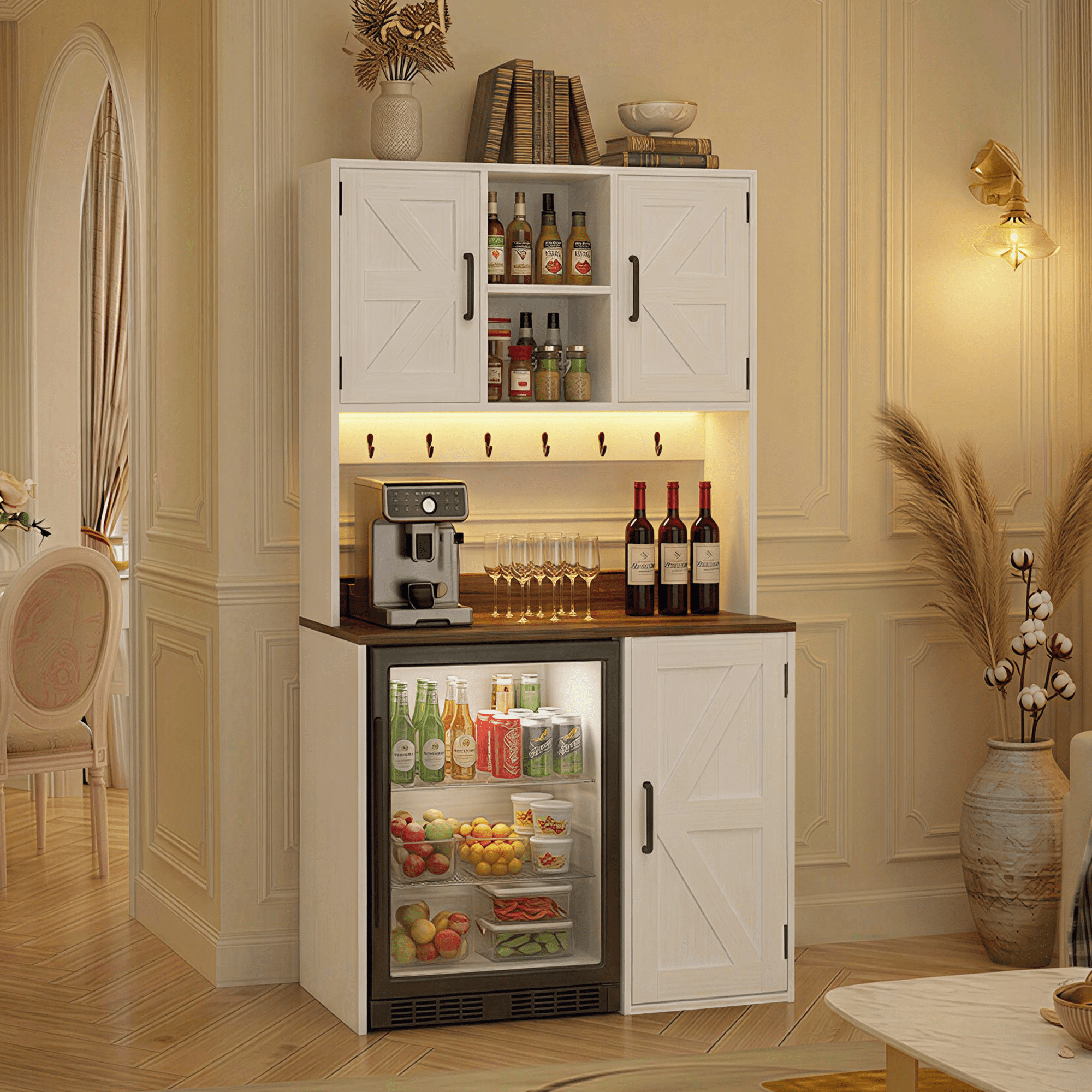 Aheaplus Multifunctional Mini Fridge Cabinet: Coffee Bar, Wine Stand & Beverage Station with Outlet, LED Light & Microwave Shelf, for Kitchen, Dorm, Office,White