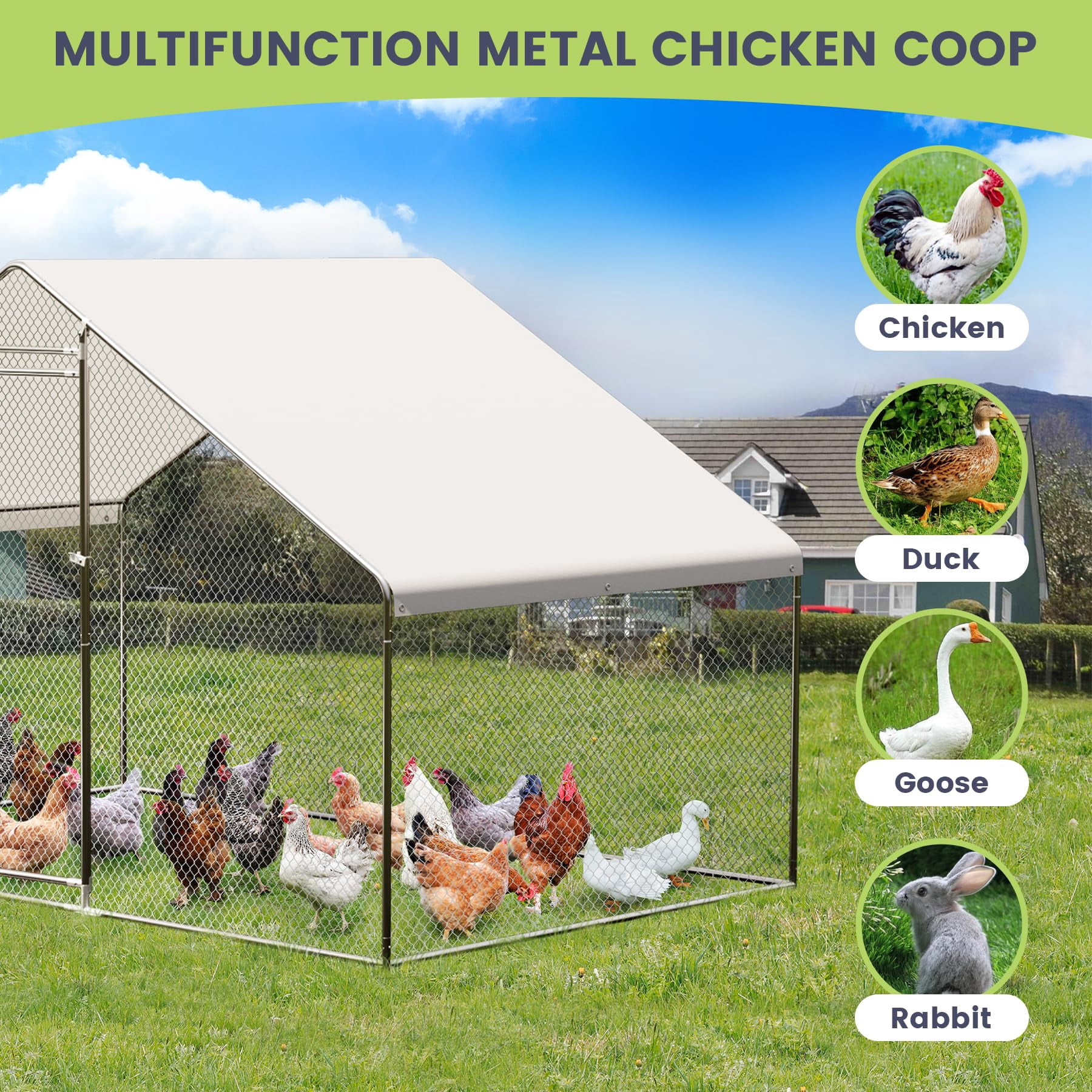 Litake Large Chicken Coop, Walk-in Poultry Cage, Metal Chicken Coop with Waterproof and Anti-Ultraviolet Cover, for Outdoor Yard Farm Use
