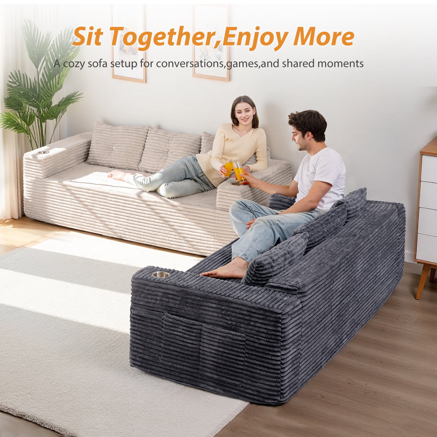 BYBYME 78.7" Corduroy Cloud Floor Sofa,Modular Comfy Small Cloud Couch for Small Spaces,Boneless Sofa for Living Room,No Assembly,3-Seater,Grey