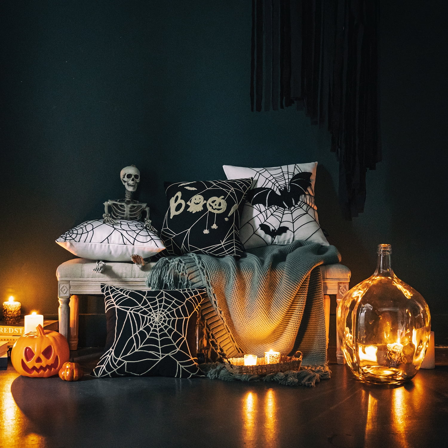 Halloween Holiday Collection Embroidery Decorative Throw Pillow Cover, 18" x 18", Black and Beige Spider Web, 4 Set