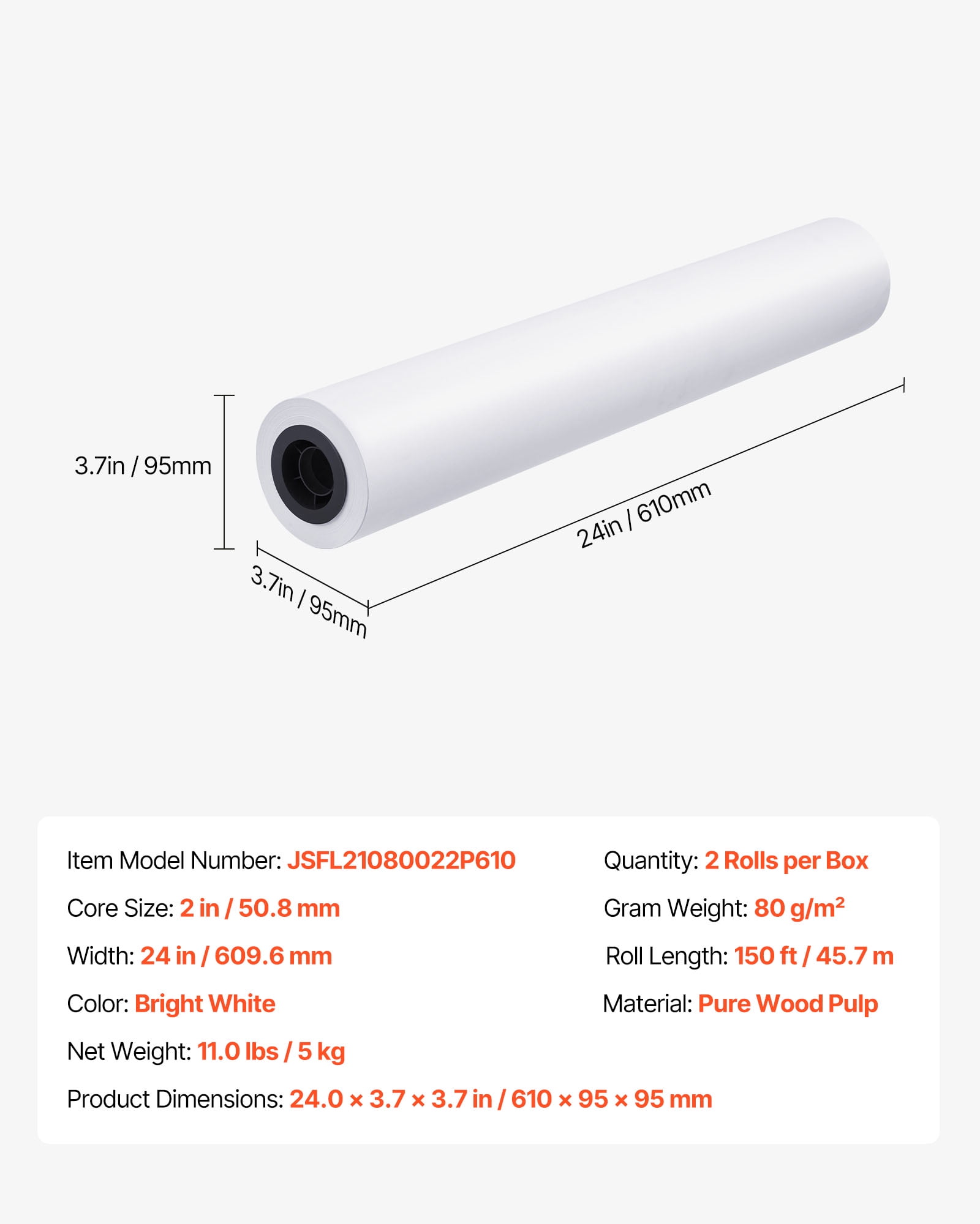 VEVOR Wide Format Paper, 24 in x 150 ft Plotter Roll, 2 Rolls CAD Bond Rolls with 2 in Core, 20 LB Bond Paper Rolls, Ideal for CAD Drawings, Engineering Plans, GIS Maps, and Architectural Designs