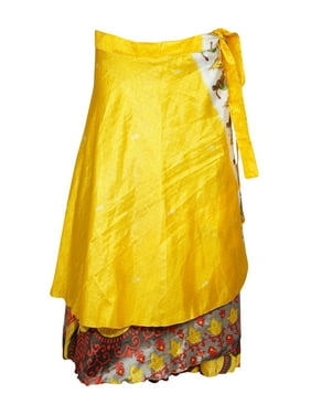 Mogul Women Yellow Silk Sari Wrap Skirt Two Layer Vintage Printed Beach Bikini Cover Up Resort Wear Sarong Dress