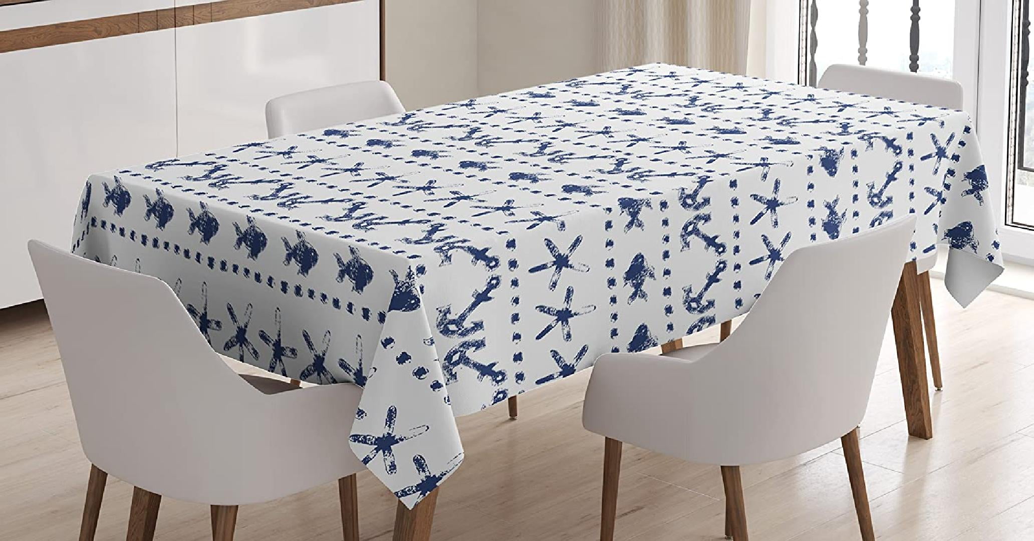 Navy Blue Tablecloth, Navy Yatch Themed Design with Fish Starfish and