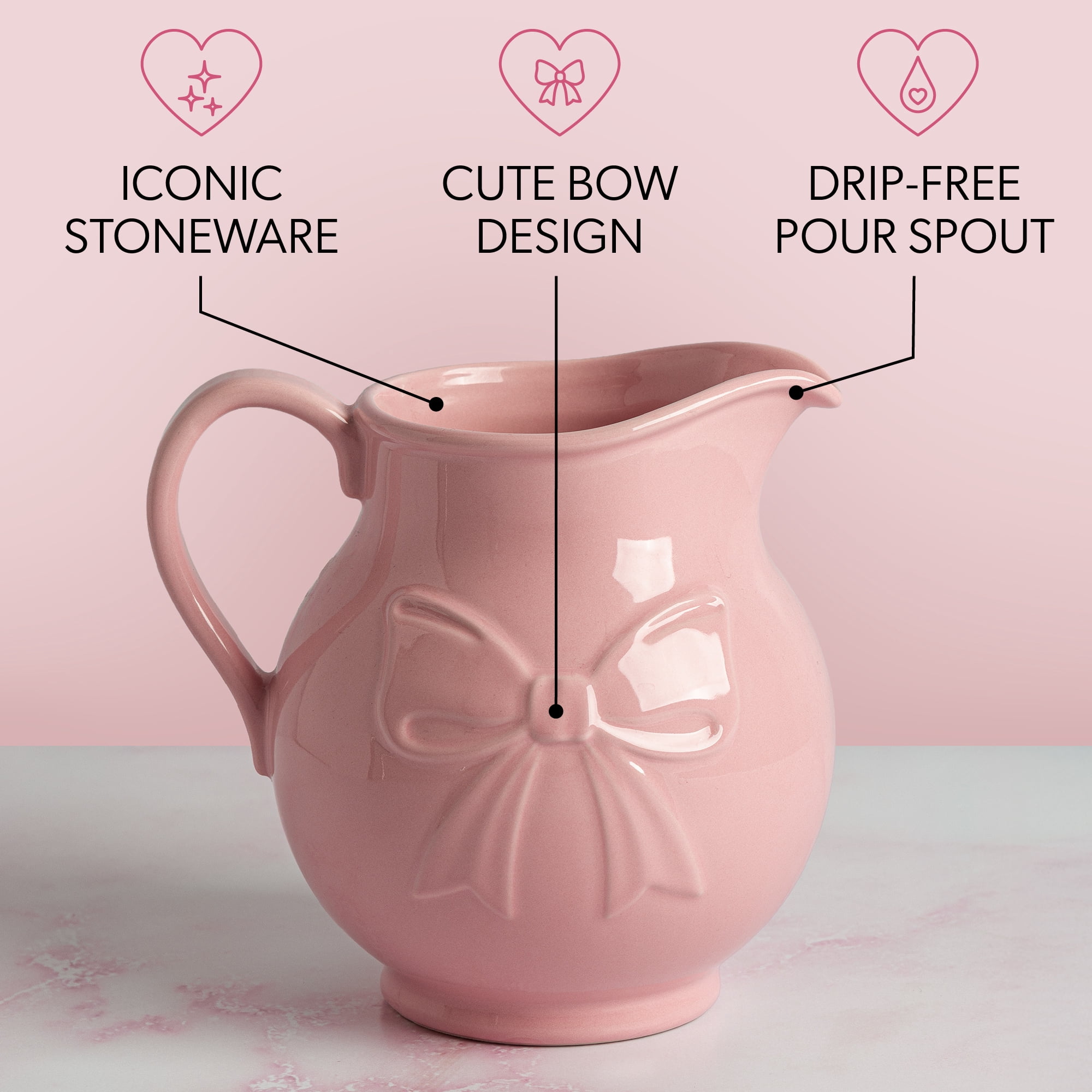 Paris Hilton Ceramic Stoneware Pitcher, 2.5-Quart, Bow Design, Microwave and Dishwasher Safe, London Pink