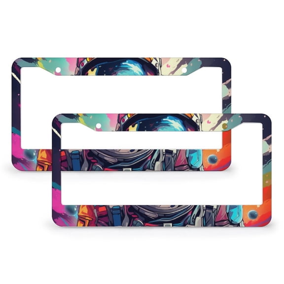 Colorful Modern Astronaut Space License Plate Frame 2 Pcs Set Outer Space Art Prints Cartoon Watercolor Planet Auto Car Accessories Tag for Men/Women 2 Hole Aluminum Metal License Plate Frames