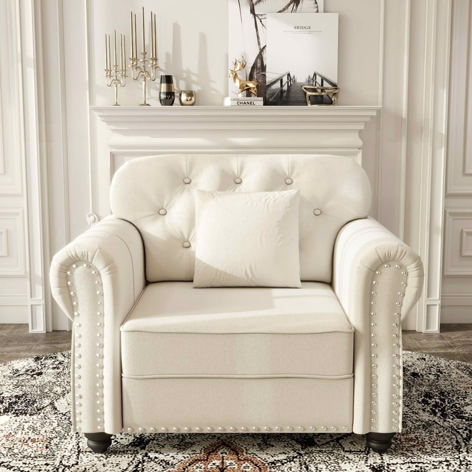 MAYEERTY 41.3 Inch Velvet Chesterfield Sofa, Mid‑Century Modern Couch with Button Tufting, Nailhead Trim and Rolled Armrests, Includes 1 Pillow for Home Living Room