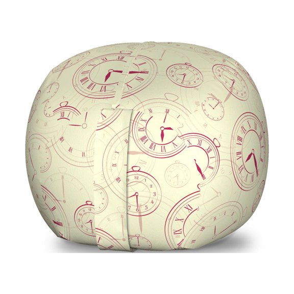 Clock Storage Toy Bag Chair, Vintage Watches Roman Digits Antique Machine Time Pattern Illustration, Stuffed Animal Organizer Washable Bag, Large Size, Pale Yellow Magenta, by Ambesonne