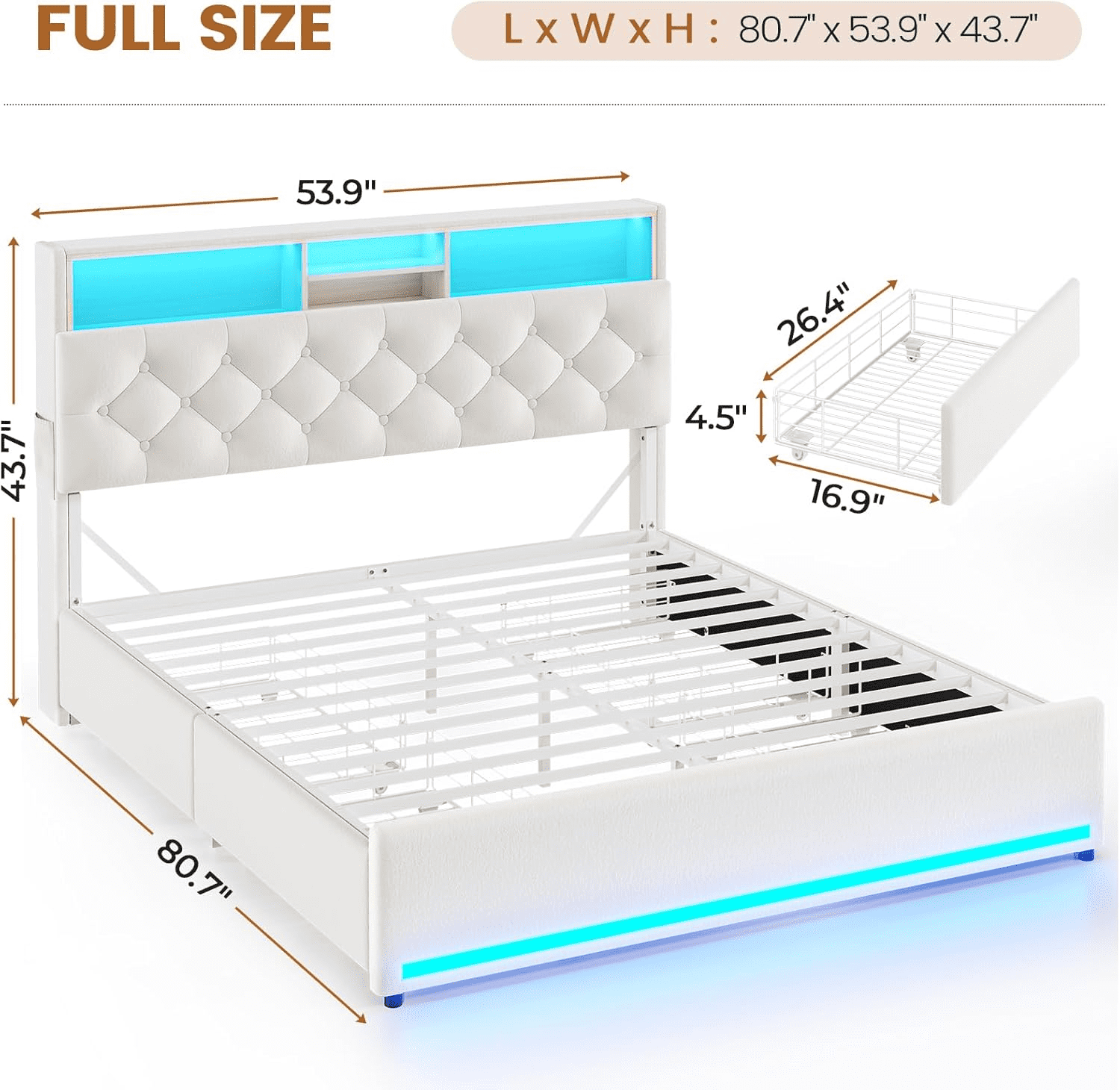 Full Size Bed Frame with Bookcase Headboard & 4 Storage Drawers,LED Bed Frame with Charging Station-Power Outlet, Modern Velvet Upholstered Platform Bed,No Box Spring Needed, Creamy White
