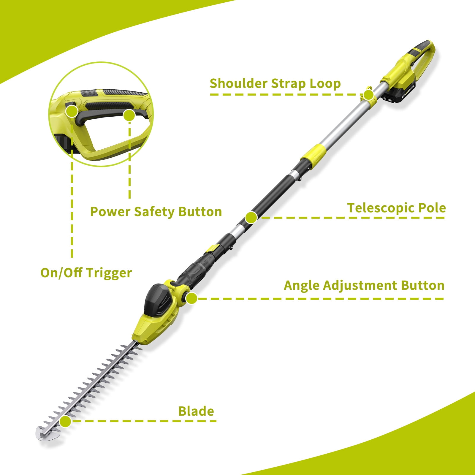 20V MAX Cordless Pole Hedge Trimmer – 20-inch Electric Battery Hedge Trimmer with 9 Ft. Reach, Multi-Angle Head & Extension Pole for Shrub Pruning (Includes 2x 2.0Ah Batteries & Charger)