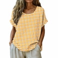 thumbnail image 2 of MORESEC Women Cotton Linen Plus Size Short Sleeve Plaid Tunic Tops Round Neck Casual Loose Tee Shirts Summer Vacation Beach Clothes, Orange 3XL, 2 of 6