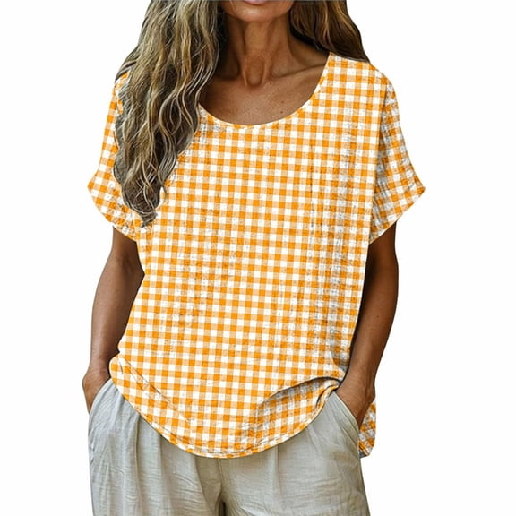 Women's Gingham Print Tops Crew Neck Short Sleeve Linen T-Shirt Breathable Summer Top for Going Out Vacation Orange 3XL