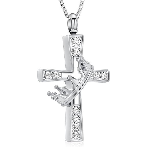Crown Cross Necklace 316L Stainless Steel Urn Necklace for Ashes for Women Men Cross Necklace with Crown First Communion Necklace Jewelry Gifts for Women