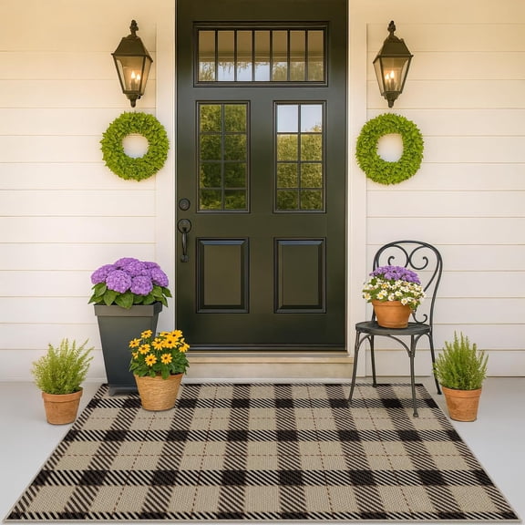 Washable Plaid Indoor Outdoor Rug 3x5 for Front Porch, Entryway, Patio, No Shed Easy Jute Non Slip TPR Backing Area Rug for Large Kitchen, Farmhouse Black & Tan Checkered Seegrass Aesthetic