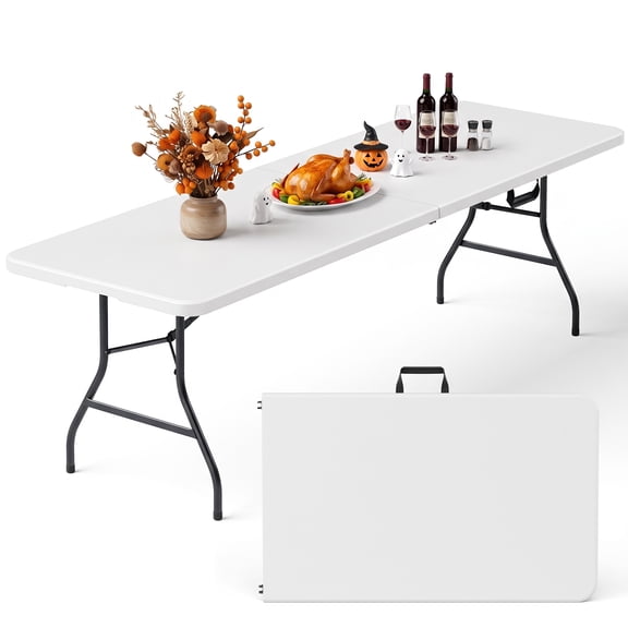WASUHE 8 Foot Folding Table, Fold in Half Heavy Duty Long Large Utility Table with Carry Handle, Perfect for Party, Dining, Wedding, Events, Camping, White