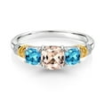 thumbnail image 2 of Gem Stone King 925 Silver and 10K Yellow Gold Peach Morganite and Swiss Blue Topaz and Diamond 3-Stone Ring for Women (1.57 Cttw, Gemstone October Birthstone, Cushion 6MM and 4MM, Size 8), 2 of 3