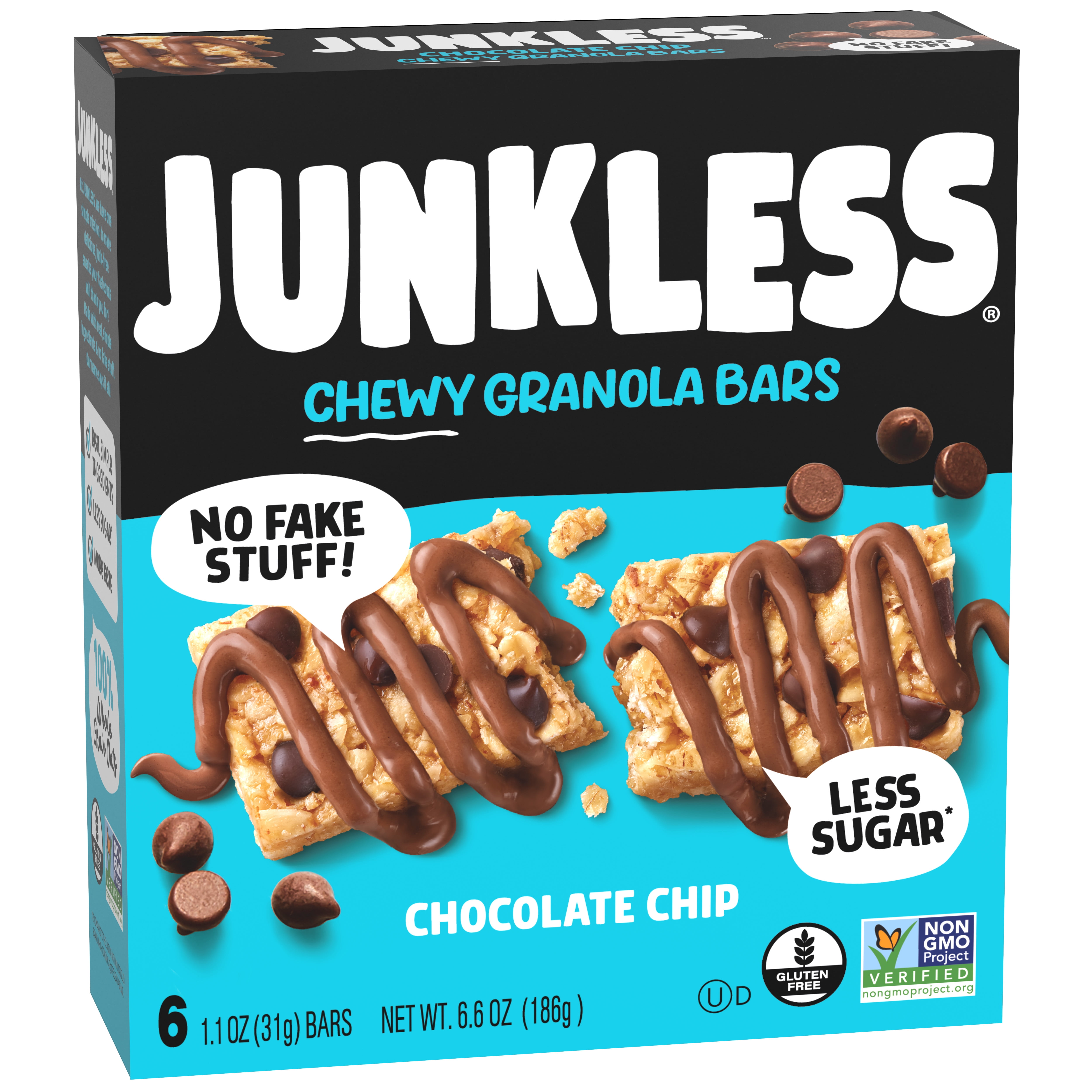 (8 pack) JUNKLESS Chewy Granola Bars, Chocolate Chip, Less Sugar, Gluten Free, Non-GMO, 1.1 oz, 6 Count