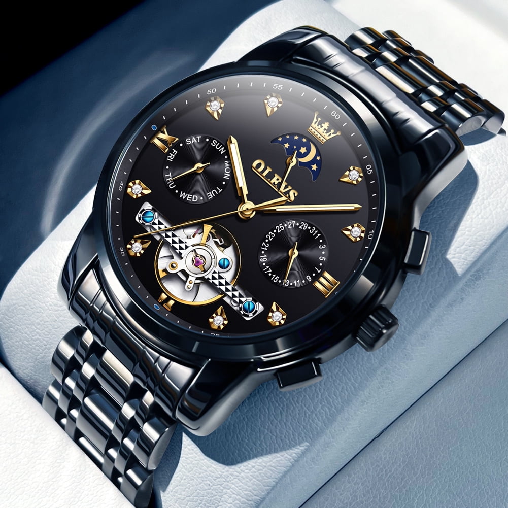 OLEVS Automatic Watches for Men Self Winding Mechanical Skeleton Flywheel Chronograph Luxury Dress Stainless Steel Diamond Moon Phase Waterproof Luminous Mens Wrist Watches Reloj Para Hombre