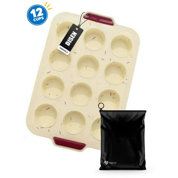 DISEN Silicone Mini Muffin Pan, 12-Cup Cake Non-Stick BPA-Free, Muffins Tray, Silicone Baking Pan Mold for Small Cupcakes Muffins Brownies Pudding Cakes, Beige