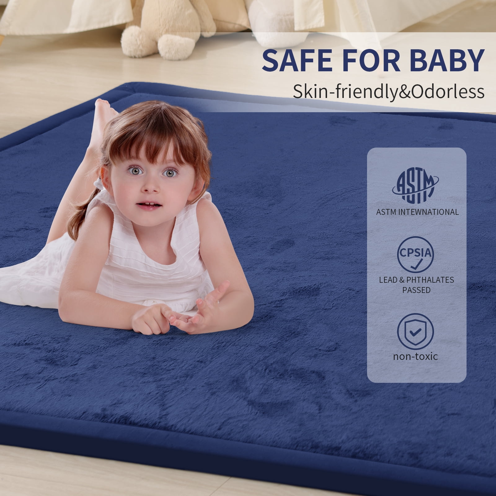 Baby Play Mat for Floor,1.2" Thick Memory foam Tummy Time Mat,Soft Coral Velvet Nursery Rug,Extra Large Non Slip Crawling Mat for Toddlers,Infants,Tatami Mat for Living Room(Dark Blue,59"X79")