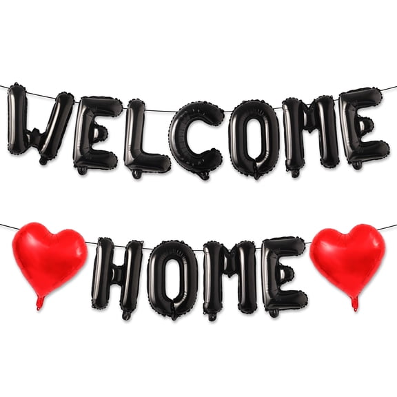 Wowhub Welcome Home Balloons Banner, Black Letter with Red Heart, Housewarming Decorations for Family Homecoming, Loved Ones Return Party Decor