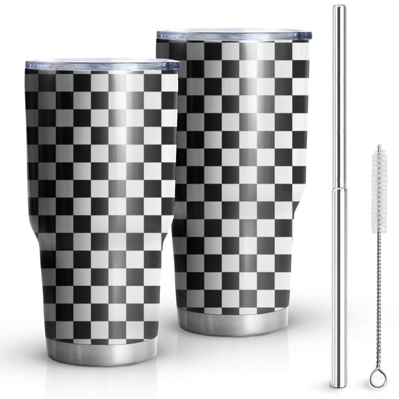 30oz Black White Checkered Pattern Tumblers Stainless Steel Tumbler with Lid and Straw,Vacuum Insulated Double Wall Travel Tumbler Cups Mug with Cleaning Brush for Coffee,Tea