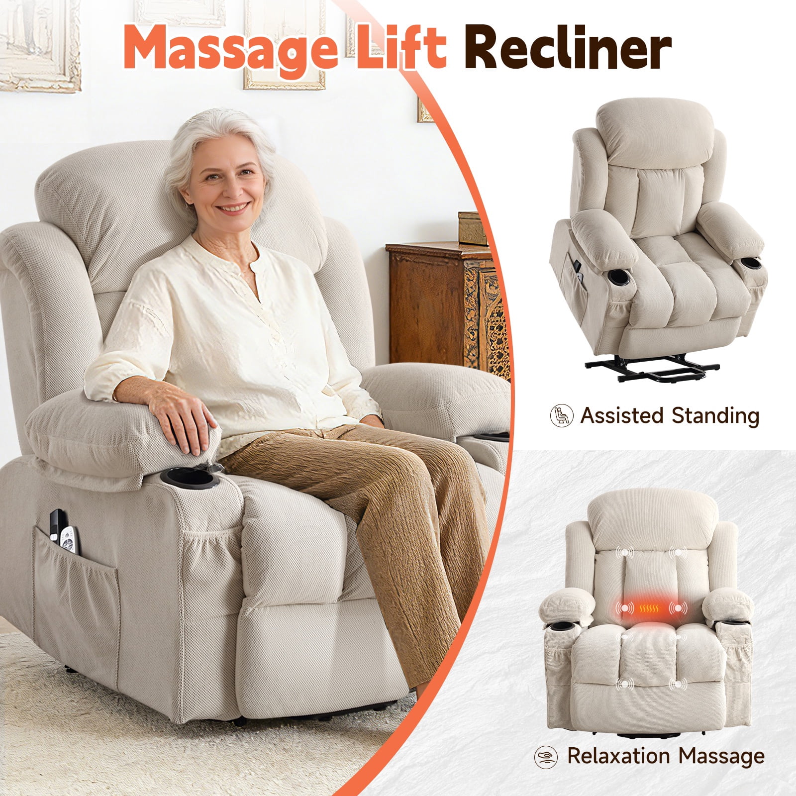 UHOMEPRO Lift Recliner Chair for Elderly and Adult, Electric Recliner with Heat and Vibration Massage, Remote Control, USB Port, Side Pockets & Cup Holders, Beige