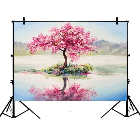 Image of PHFZK 7x5ft Oil Painting Landscap Backdrops Cherry Blossom Tree Pink Photography Backdrops Polyester Photo Background Studio Props