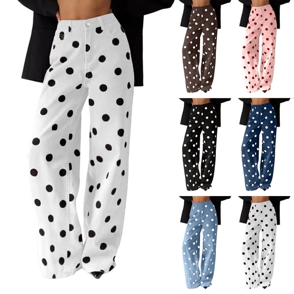 Hvogkswy Wide Leg Jeans for Women Trendy High Waisted Floor-Length Jeans Polka Dot Loose Stretchy Denim Pants with Pockets