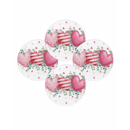 Valentine s Day Round Placemats Set of 4 Pink Love Heart Place Mats Washable Woven Placemat Red Rose Eucalyptus Leaves Stripe Circle Braided Table Mat for Kitchen Dining Table Wedding Party 15 Inch